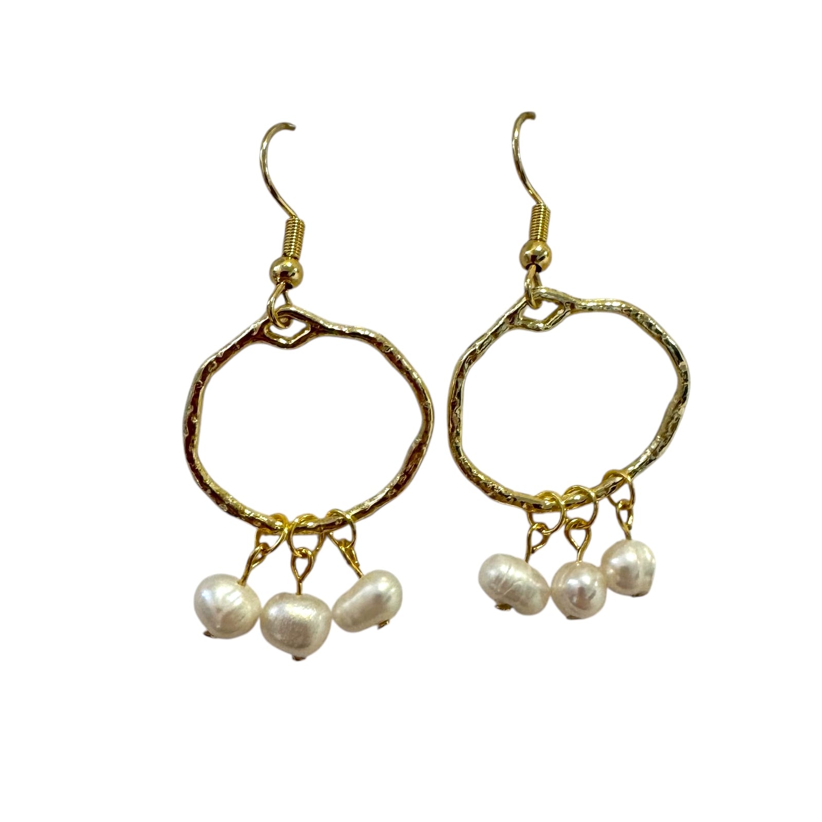 Earrings - Irregular Hoop With Triple White Pearl