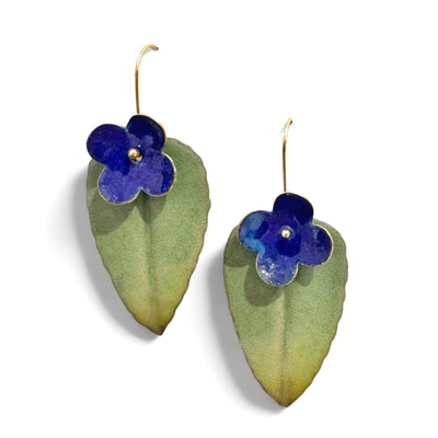 Earrings - Flower On Green Leaf - Large