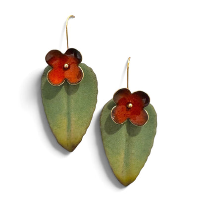 Earrings - Flower On Green Leaf - Large