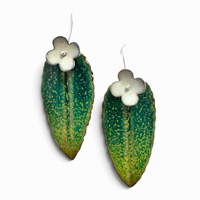 Earrings - Flower On Green Leaf - Large
