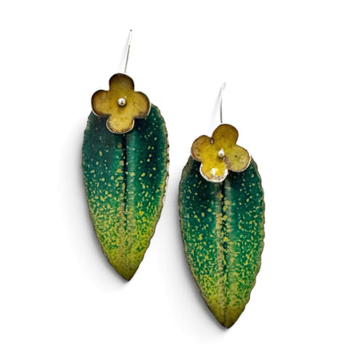 Earrings - Flower On Green Leaf - Large