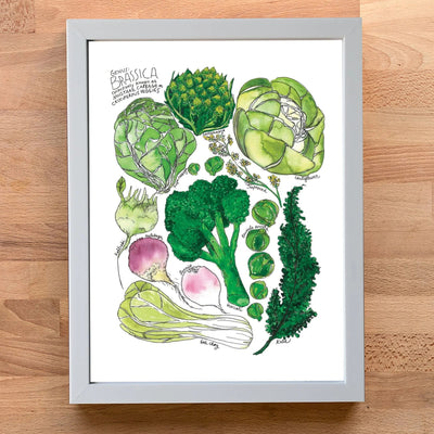 A framed botanical art print featuring watercolor illustrations of various green vegetables, including broccoli, cabbage, Brussels sprouts, and leek, displayed on a light wood background.