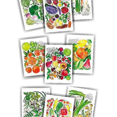 A set of illustrated vegetable-themed cards or prints arranged on a white background, each showing colorful drawings of different vegetables such as broccoli, eggplant, asparagus, citrus, tomatoes, watermelon, herbs, and peppers.