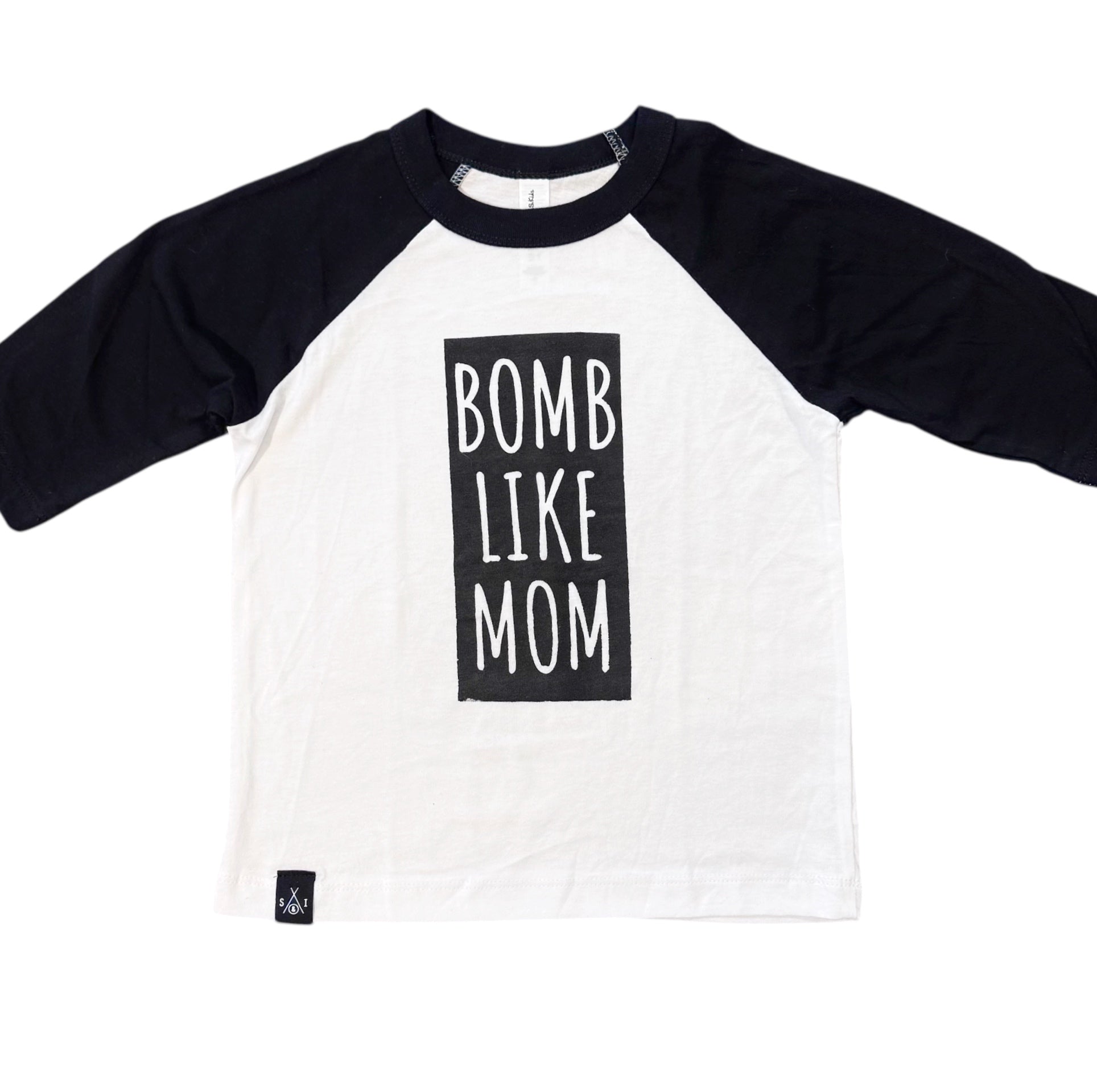 Kids Raglan Shirt - Bomb Like Mom - Black & White/Black Matte Block