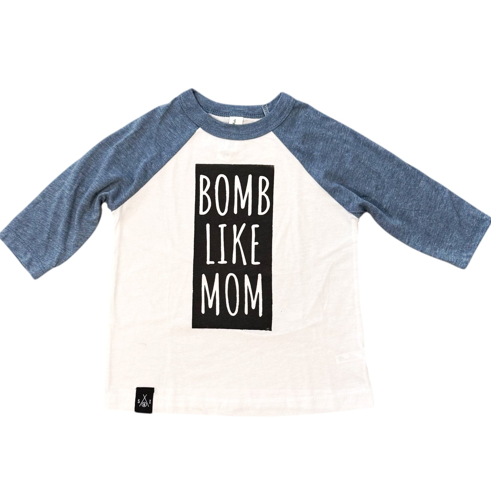 Kids Raglan Shirt - Bomb Like Mom - Light Blue & White/Black Matte Block
