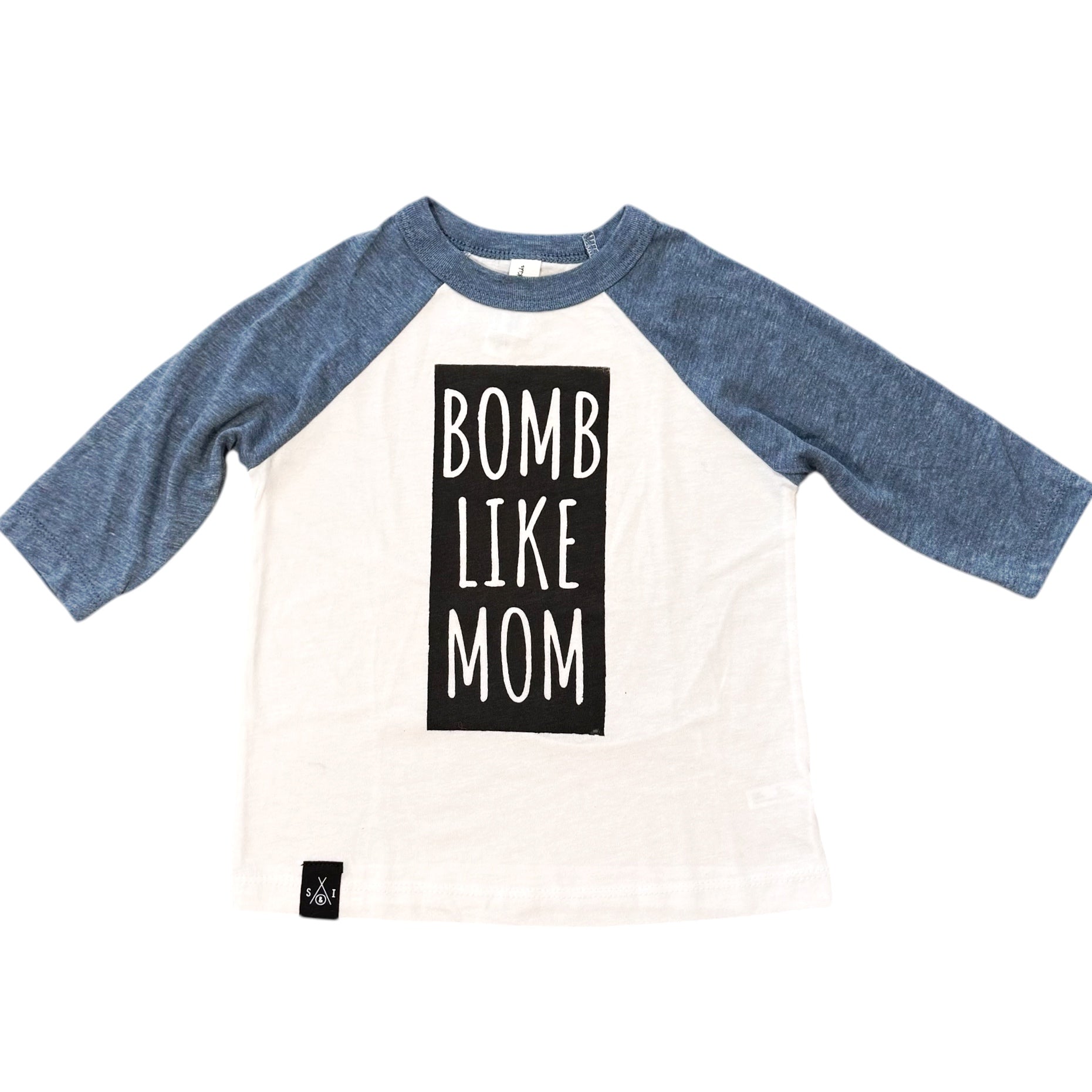 Kids Raglan Shirt - Bomb Like Mom - Light Blue & White/Black Matte Block