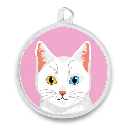 Pot Holder - Round - White Cat
