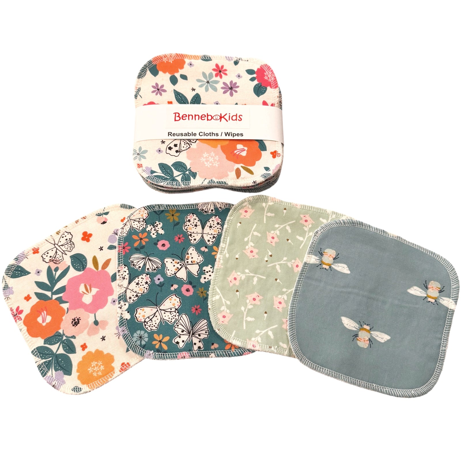 Reusable Cloths/ Wipes - White & Teal Flowers