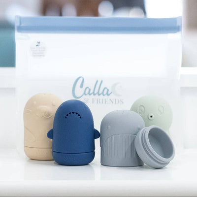 Set of four colorful bath toys with 'Calla & Friends' branding on a light background.