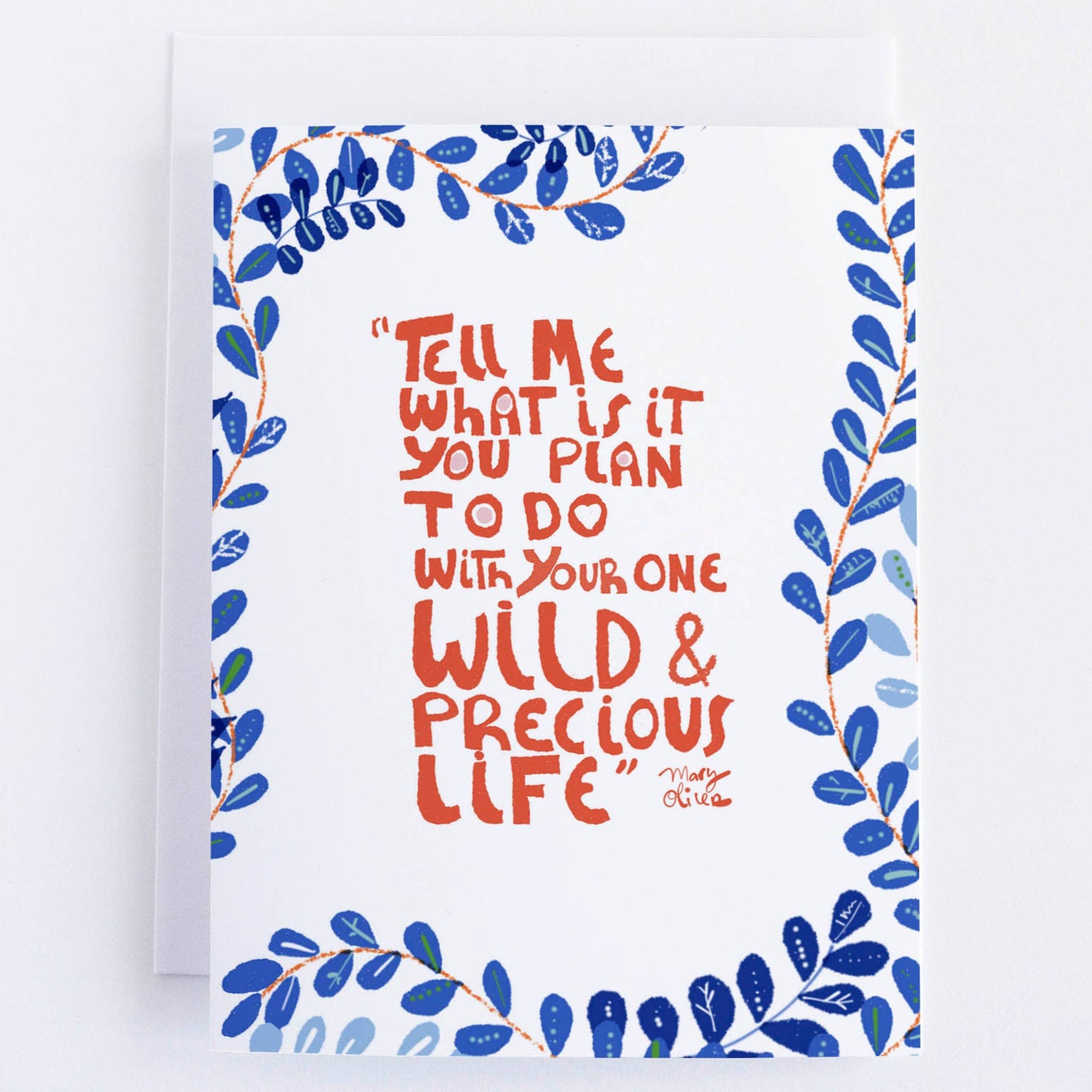 Motivational quote card with blue leaf border and red text on a white background