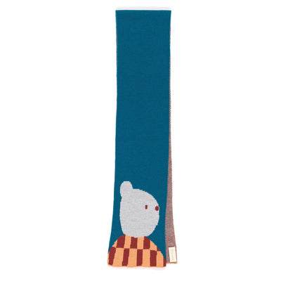 Teal scarf with a cartoon character design on a white background