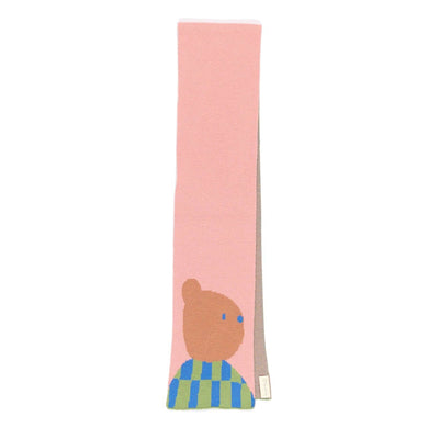 A pink knit scarf featuring a cartoon teddy bear wearing a blue and green checkered shirt near the bottom, shown against a plain white background.
