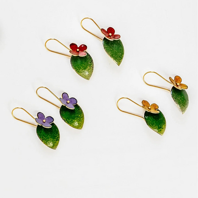 Earrings - Flower On Green Leaf