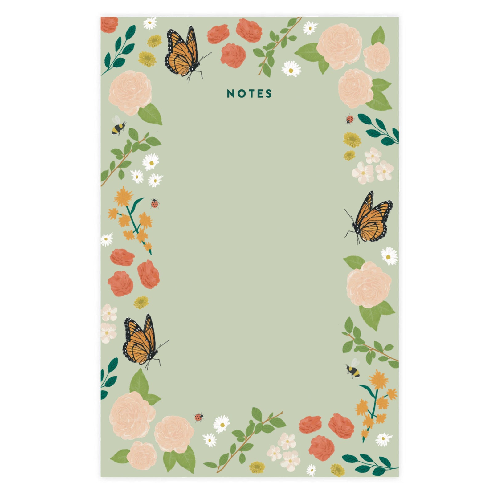Floral notepad with butterflies on a light green background