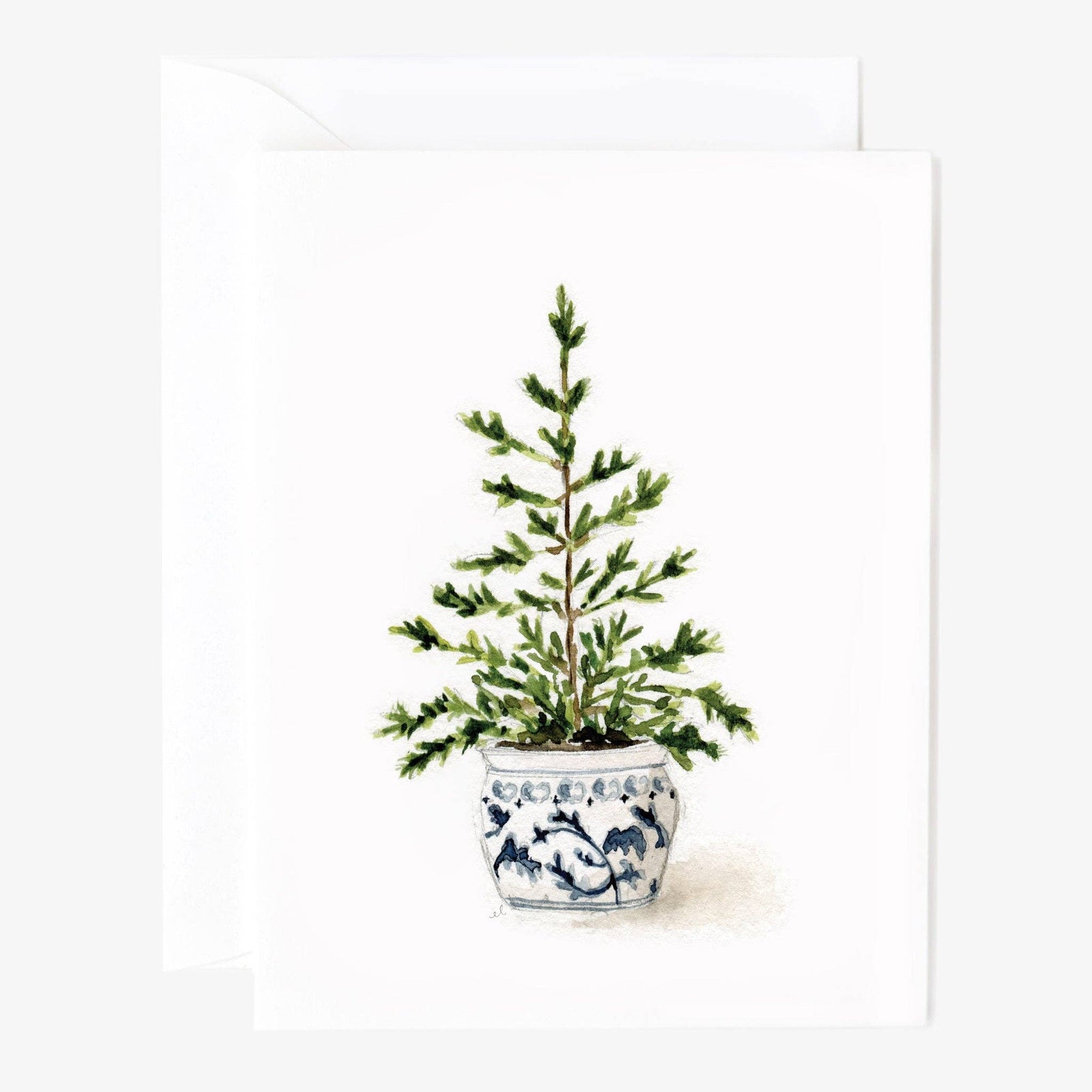 Notecard of a potted tree on a white background