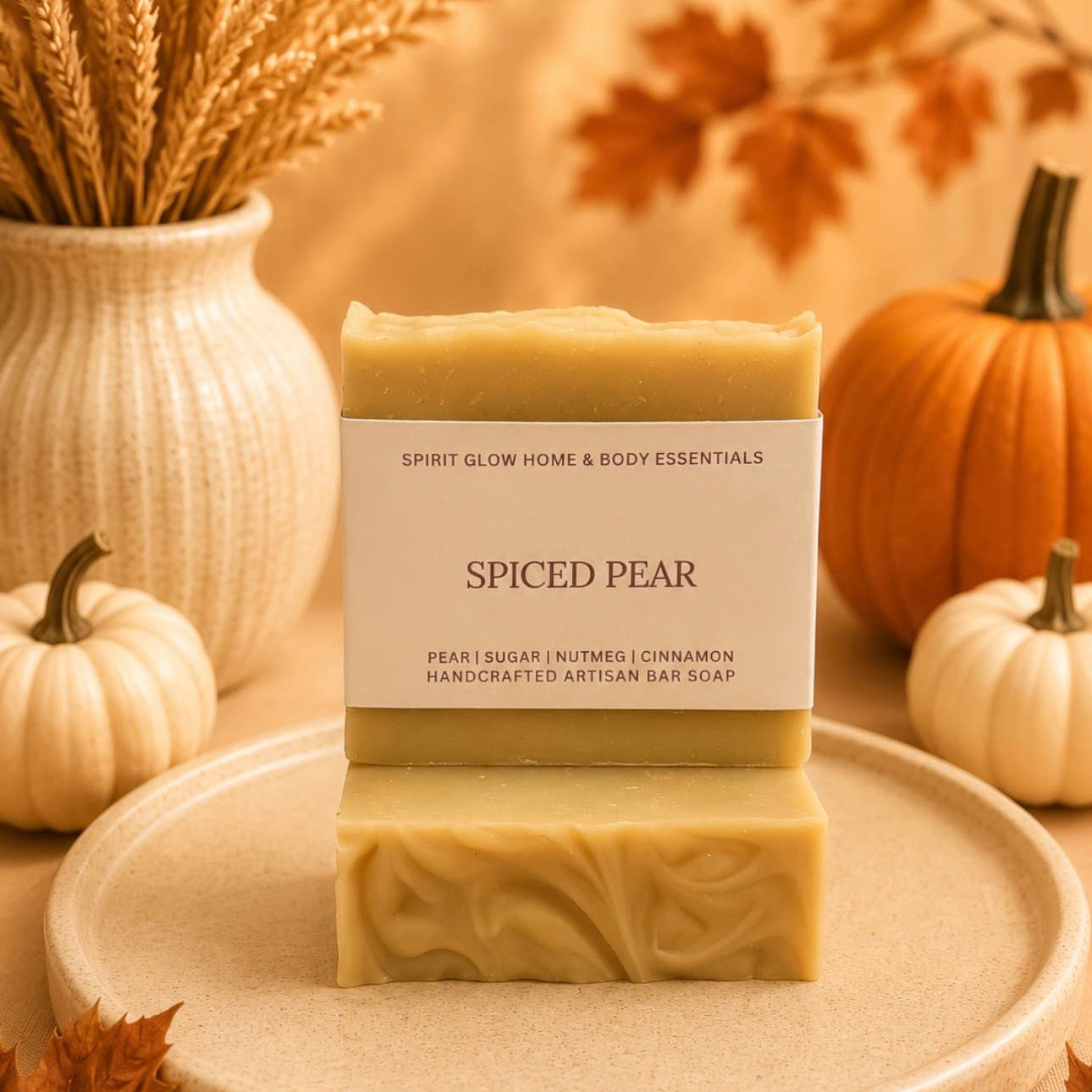 A bar of handmade artisanal bar soap labeled 'SPICED PEAR' by Spirit Glow Home & Body Essentials, displayed on a beige ceramic plate with autumn-themed props including pumpkins, wheat, and leaves.