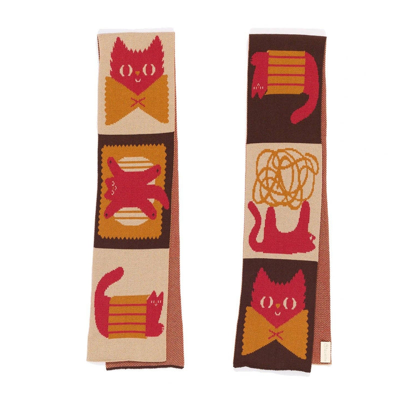 Cat-themed scarves with colorful designs on a white background