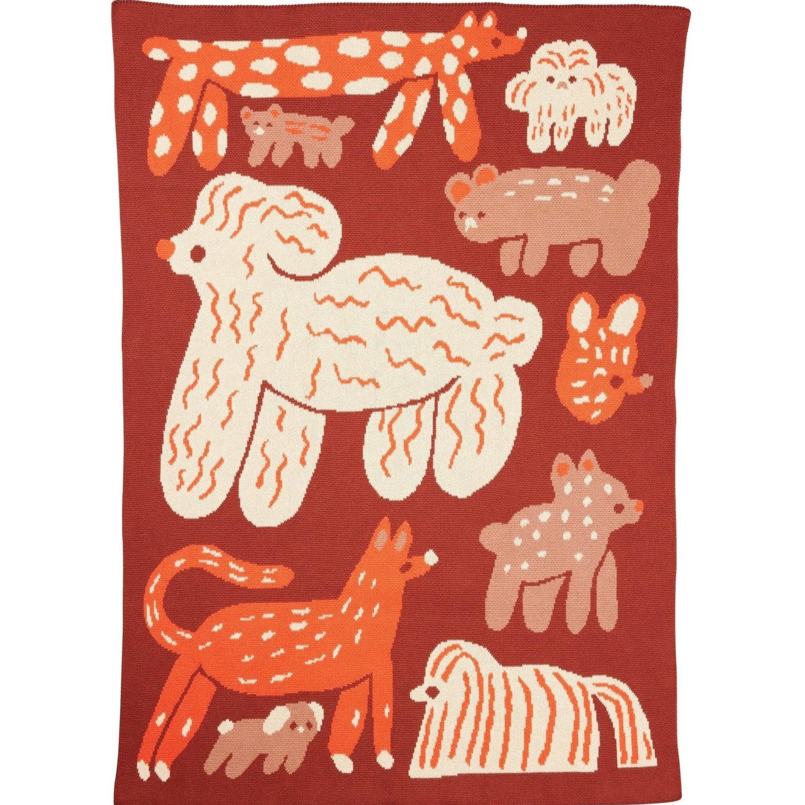 Children's blanket with animal illustrations on a red background