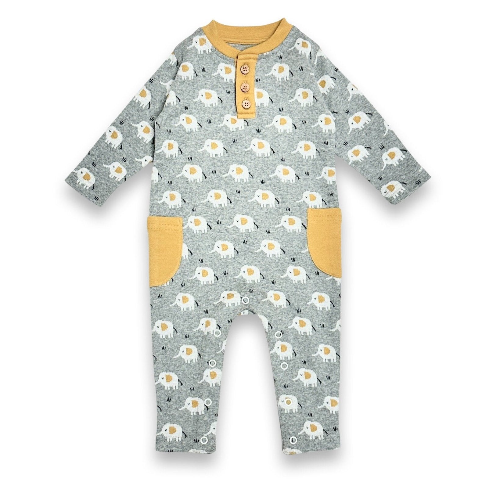 Elephant - Kangaroo Pocket Jacquard Baby Jumpsuit (Organic): Oatmeal / 12 - 18M - Gift & Gather