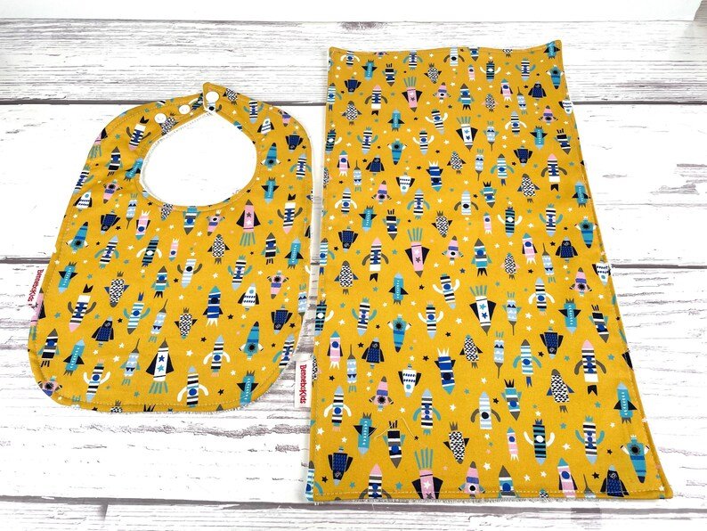 Bib & Burp Cloth Set - Yellow Space - Gift & Gather