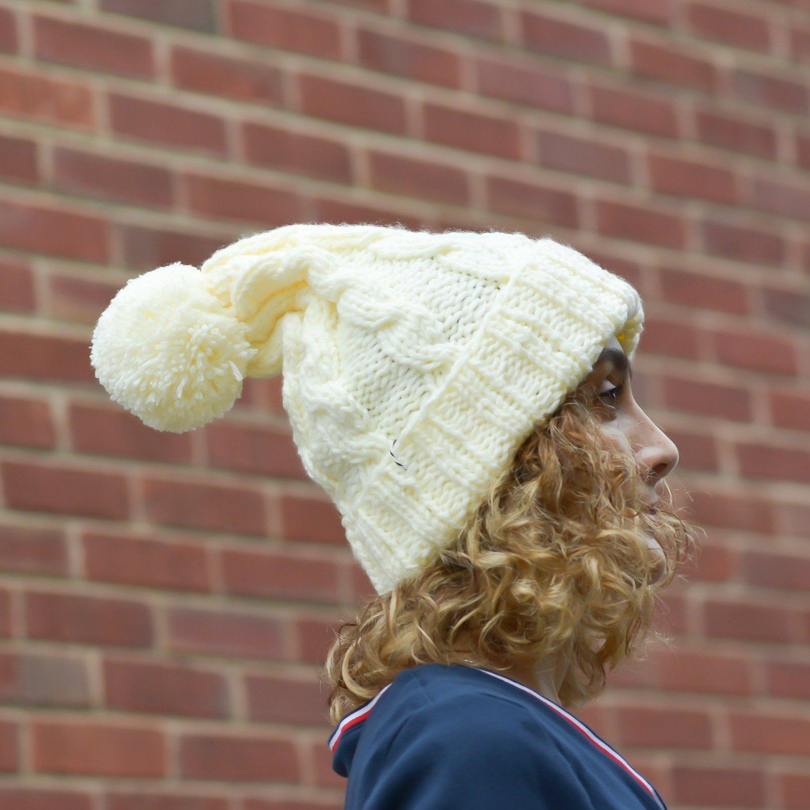 Double Brim Chunky Hand Knit Winter Hat in cream Gift Gather