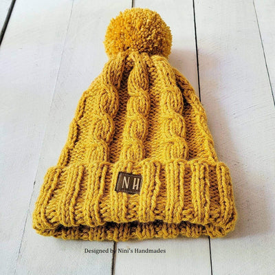 Double Brim Chunky Hand Knit Winter Hat in Mustard Yellow - Gift & Gather