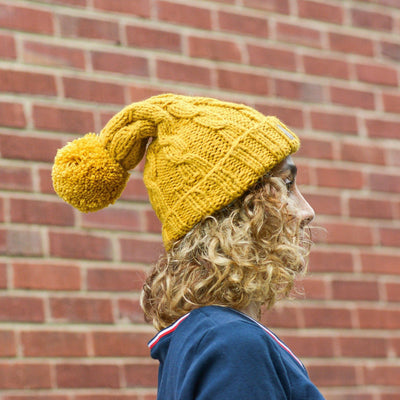 Double Brim Chunky Hand Knit Winter Hat in Mustard Yellow - Gift & Gather