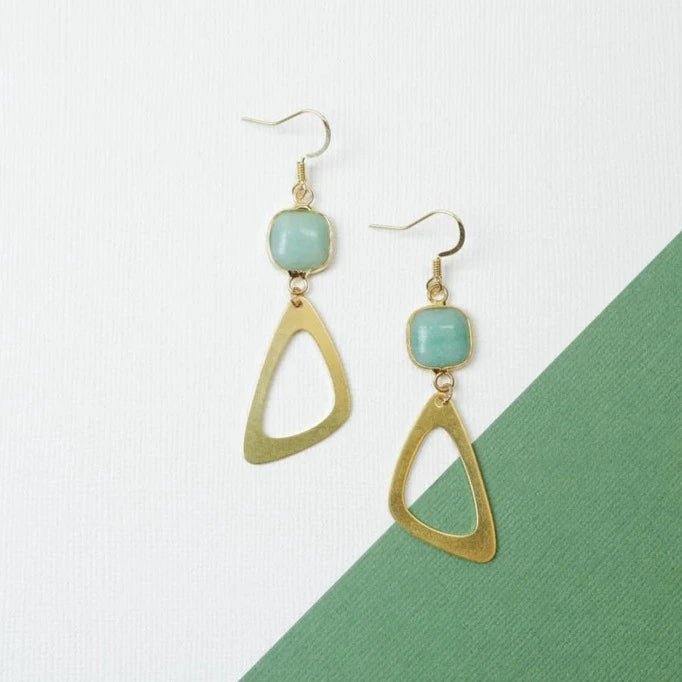 Earrings - Hollow Triangle With Mint Gemstone - Gift & Gather