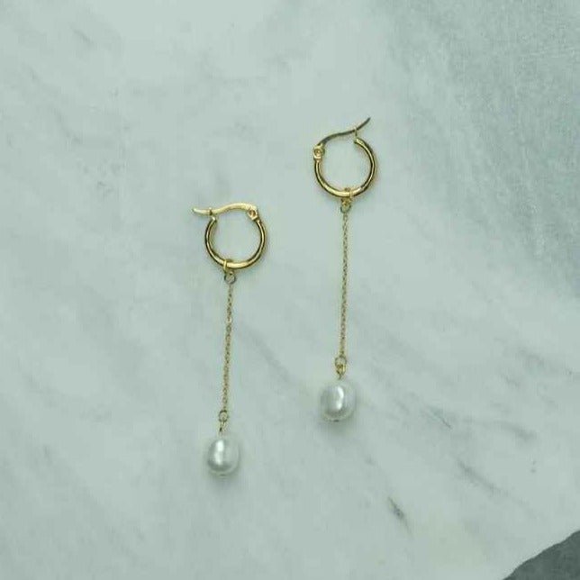 Earrings - Hoop With Chain & Pearl - Gift & Gather