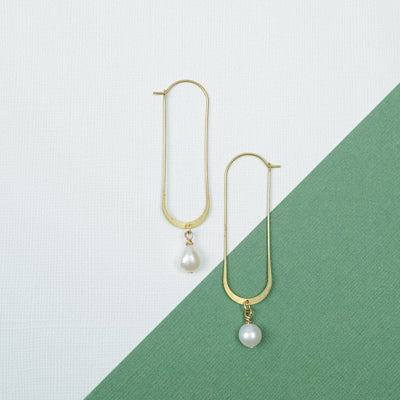 Earrings - Long Oval Hoops With White Pearl - Gift & Gather