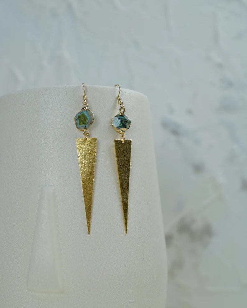 Earrings - Triangle With Green Gemstone - Gift & Gather