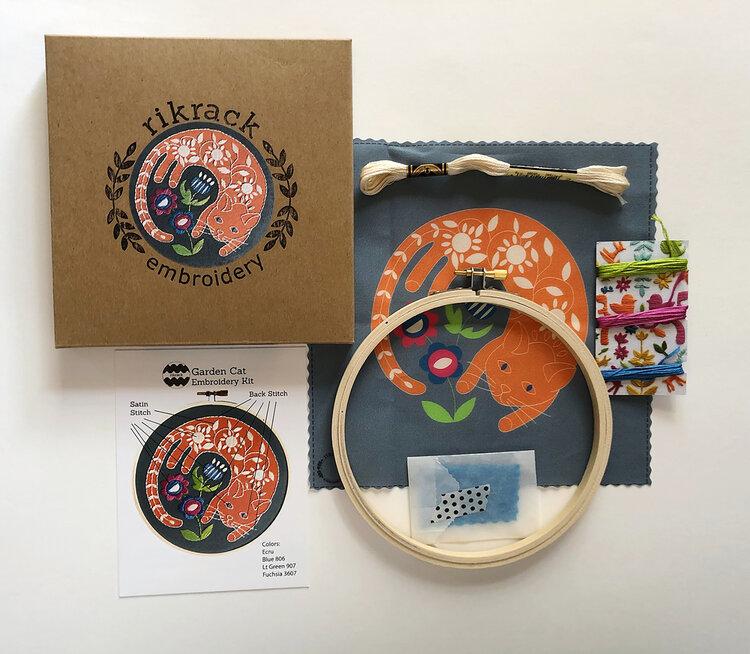 Embroidery Kit - Handmade in the USA - Garden Cat Embroidery Kit