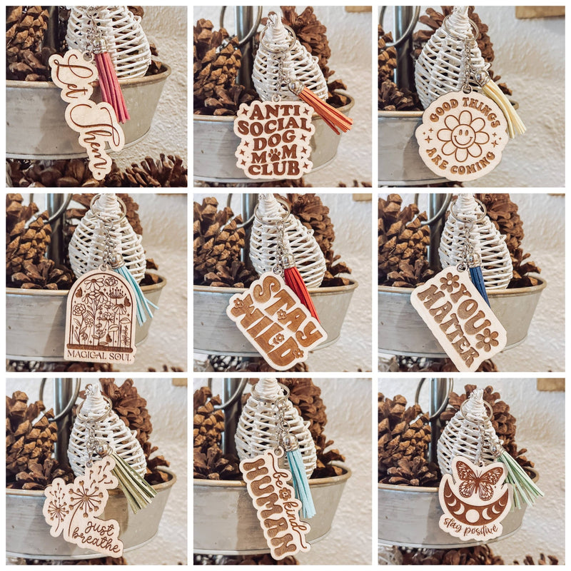 Engraved Wood keychains: Just Breathe - Gift & Gather