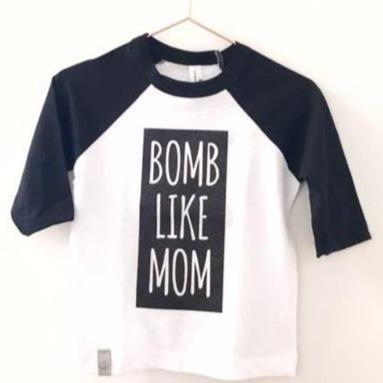 Kids Raglan Shirt - Bomb Like Mom - Black & White/Black Glitter Block - Gift & Gather