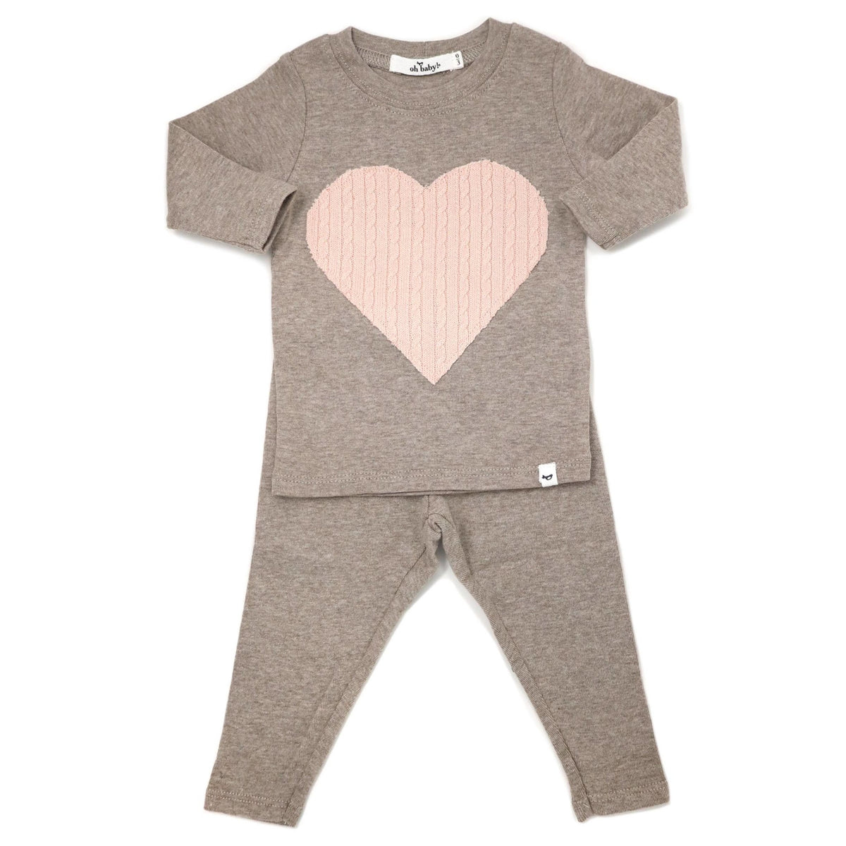 Long Sleeve/Pant Baby Set - Cable Knit Heart - Mushroom Beige - Gift & Gather