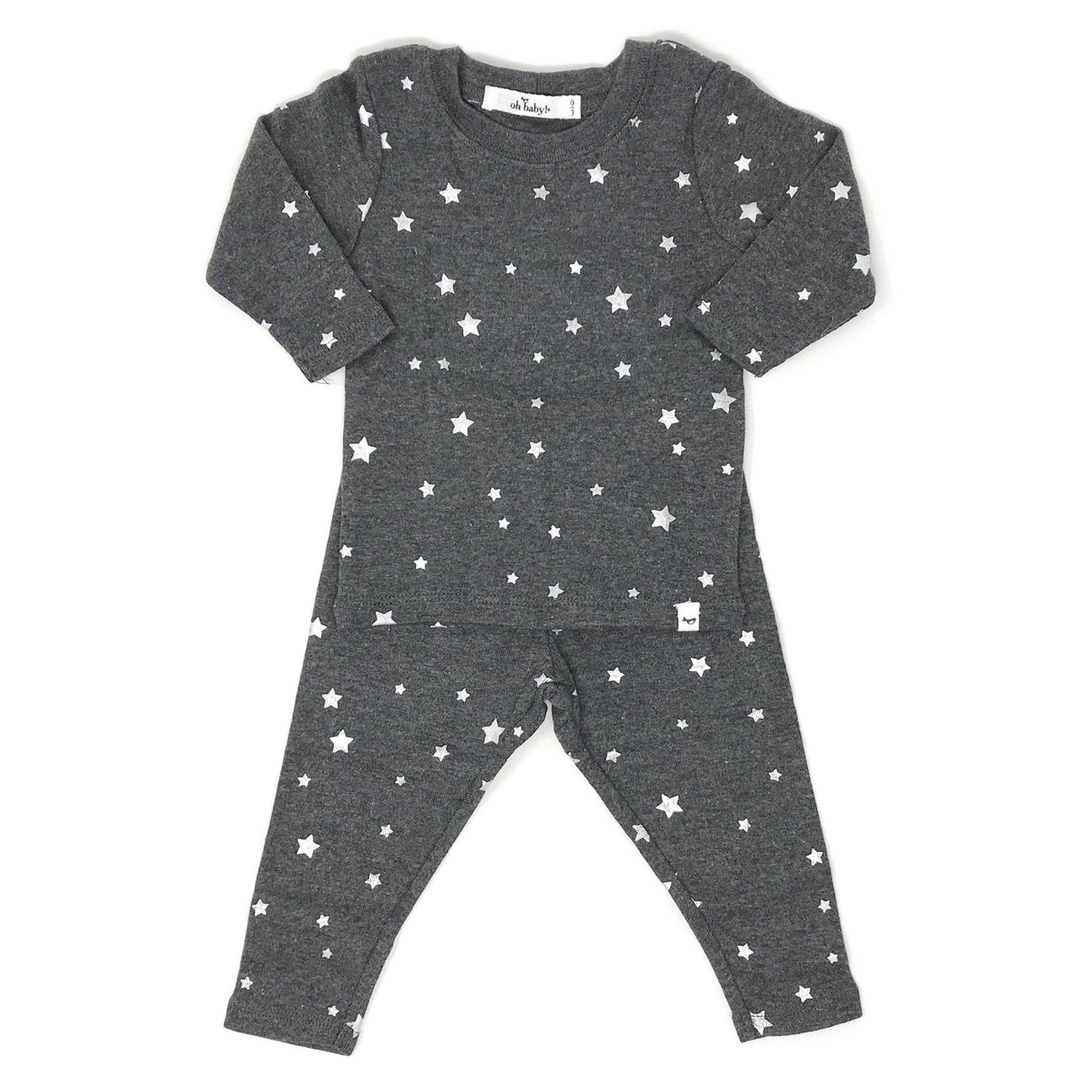 Long Sleeve/Pant Baby Set - Silver Foil Stars - Charcoal - Gift & Gather