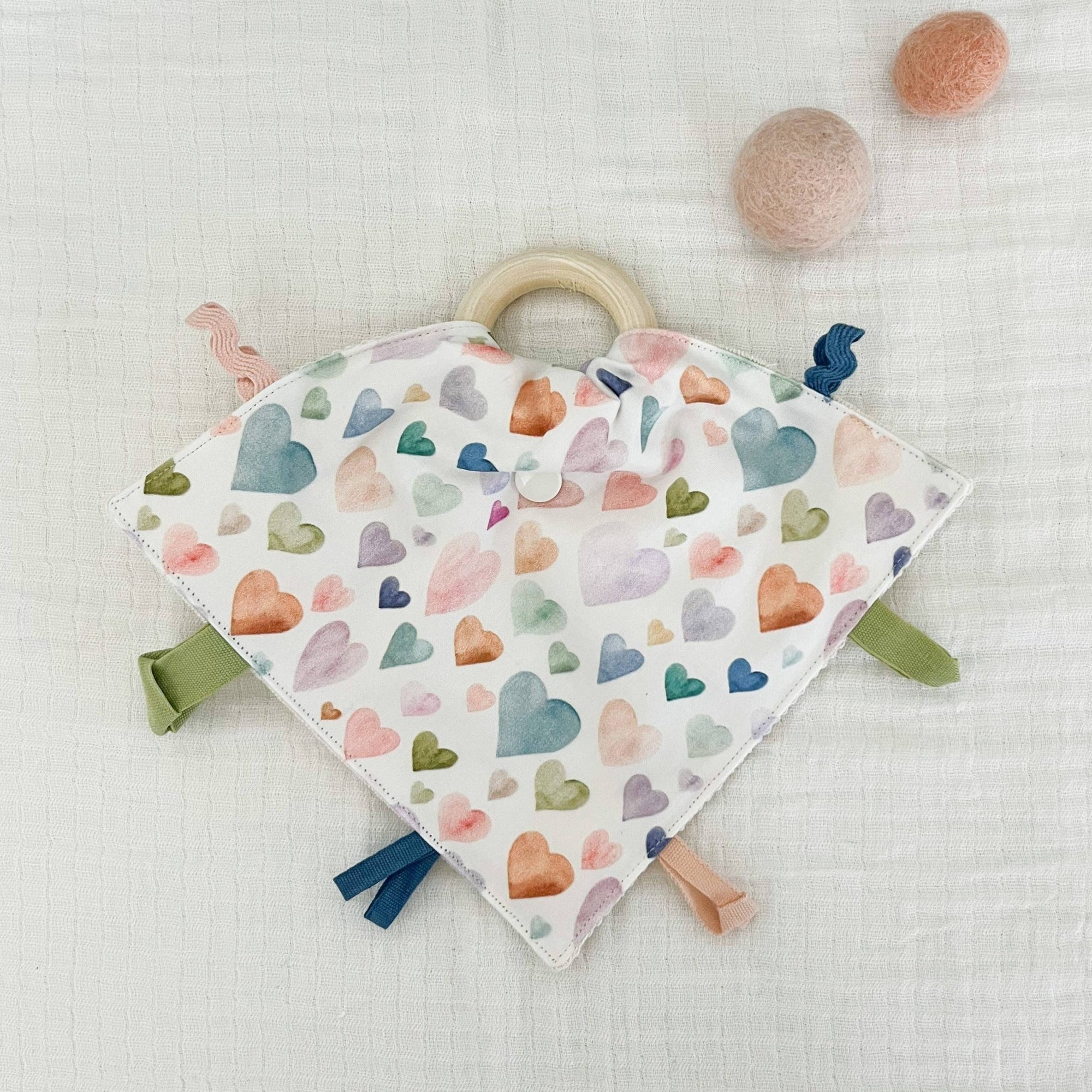 Organic Lovey Baby Teether - Watercolor Hearts - Gift & Gather