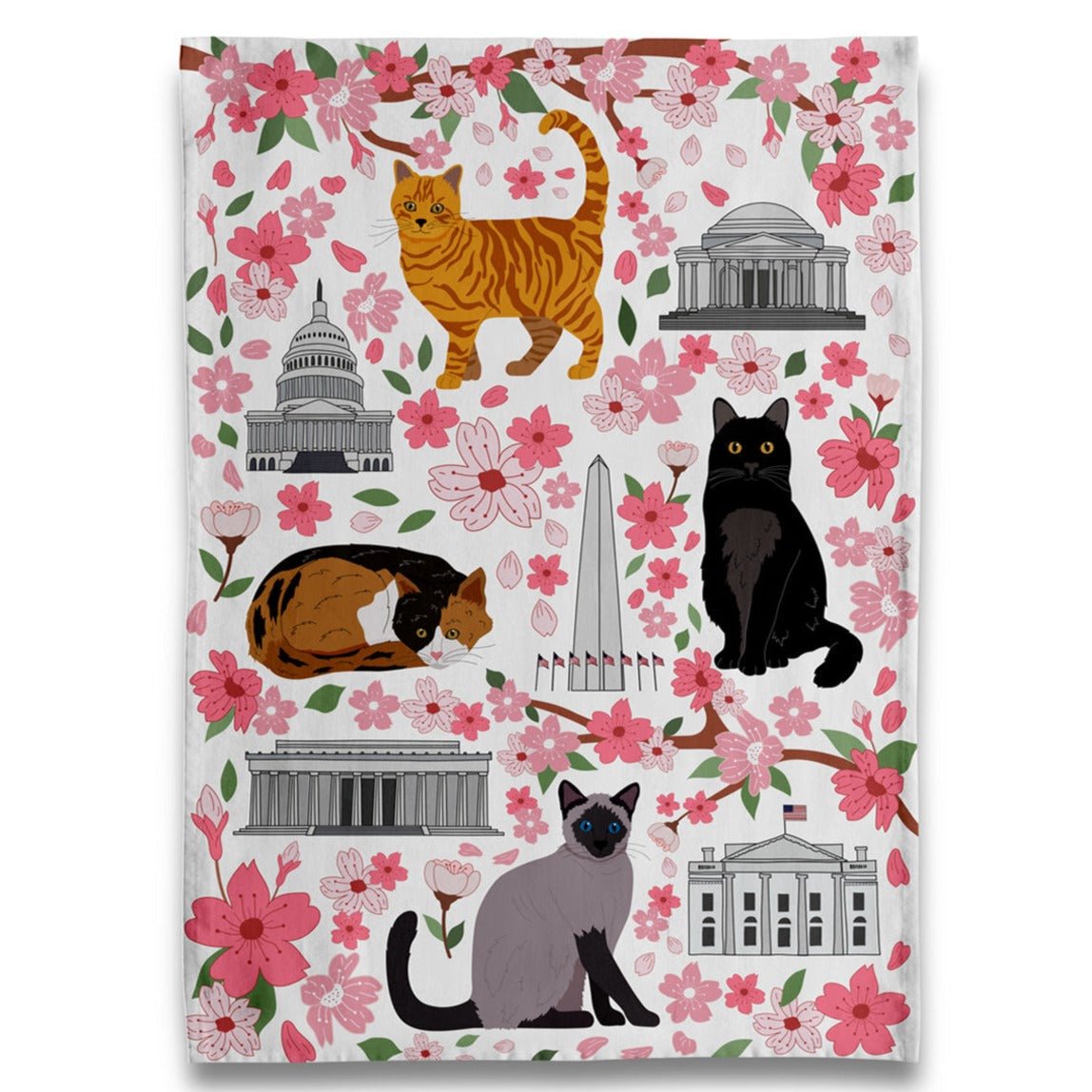 Tea Towel - Cherry Blossom Cats - White - Gift & Gather